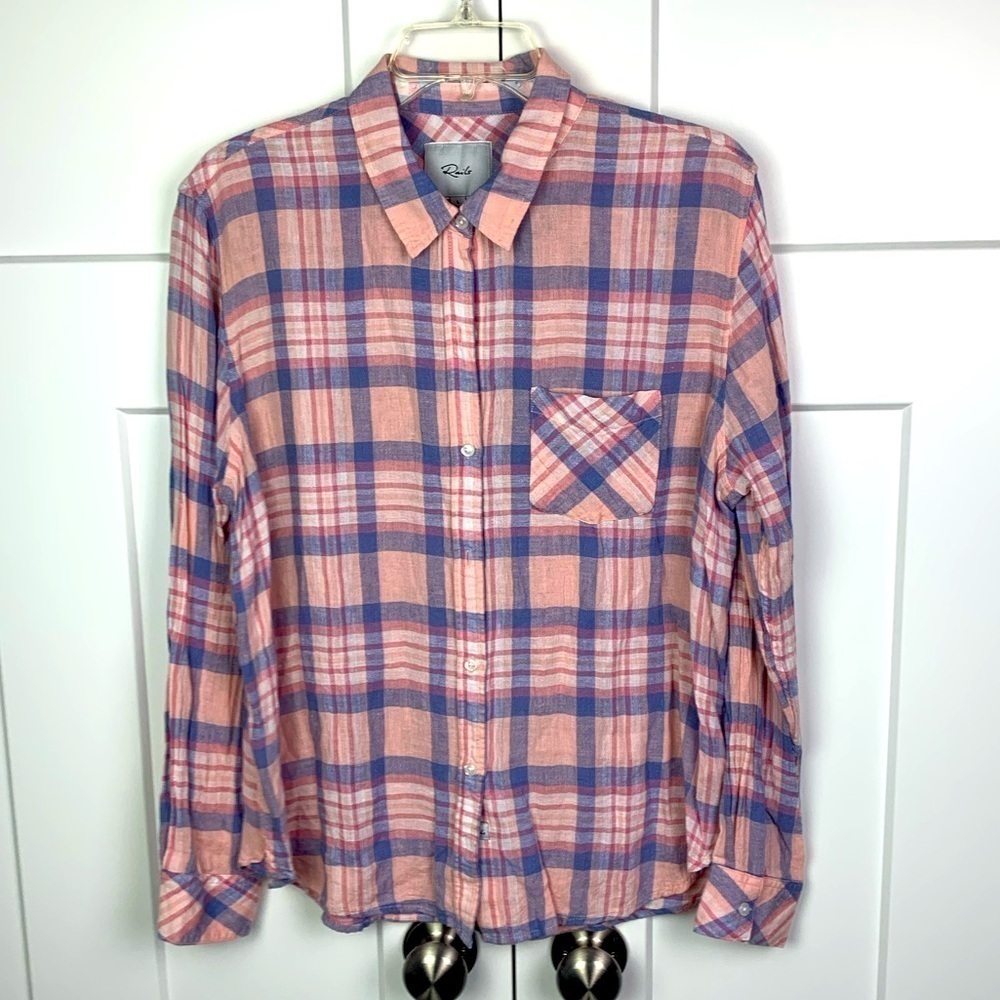 Rails LARGE Blue Pink Plaid Button Front Blouse Linen Blend